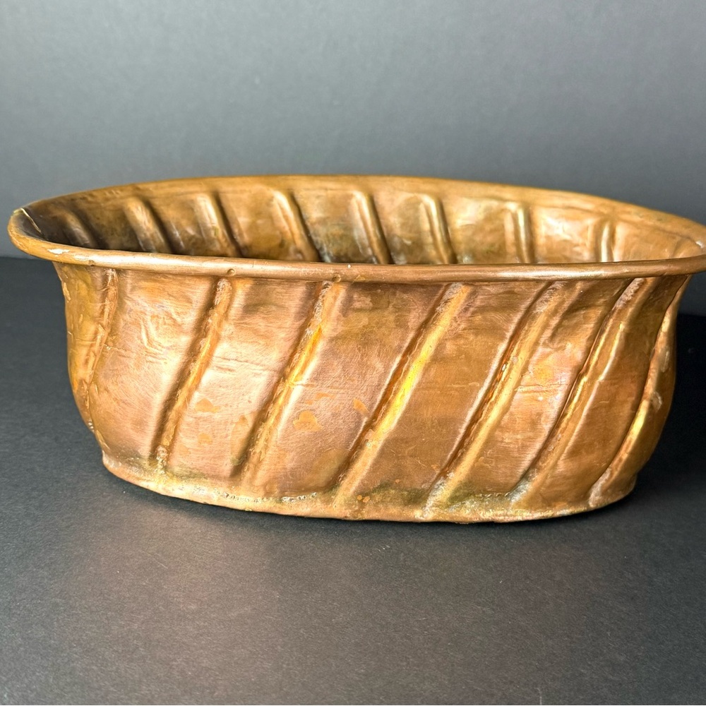 Vintage Turkish Oval Copper Bowl/Planter with Hand Crafted Brass Seams Swirled